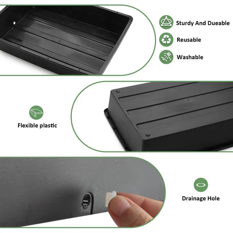 5 Pack Nursery Pots Trays With Removable Mesh Drainage Mats Durable BPA Free Plastic Seed Starter Trays 17 By 12 By 3.5 Inches With Drainage Holes Propagation Kit For Seedlings Microgreens Plant Germination Black shown with drainage hole detail and flexible plastic description