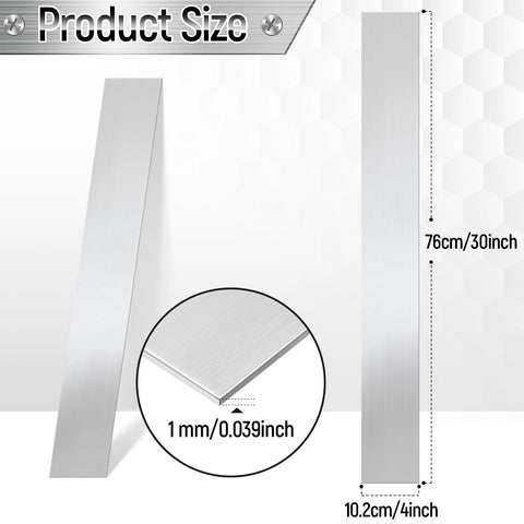 Front view of 304 brushed stainless steel finishing sheet trim strip, 4 x 30 inches, 1 mm thick.