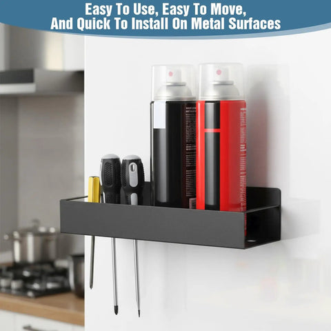 Wall-mounted steel rack holding spray cans and tools. Four Magnetic Spray Can Holders Wall Mounted Tool Rack For Garage And Workshop Easy Access Paint Oil And Cleaning Can Organizer Durable Magnet Bottle Rack For Toolbox Storage And Quick Grab.