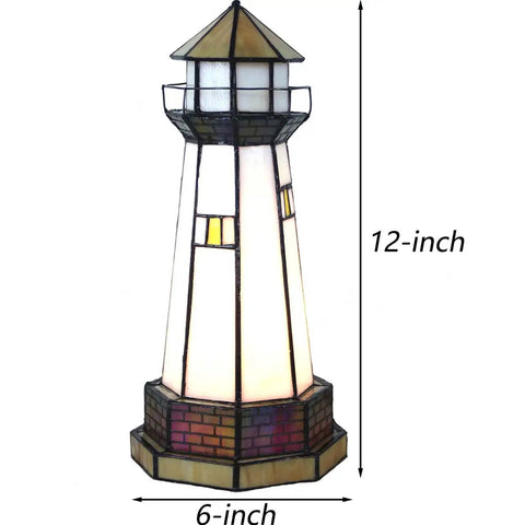 L10626 Lighthouse Tiffany Style Stained Glass Accent Table Lamp Night Light For Home Decoration With Sweet Orange Glow 6x12 Inches