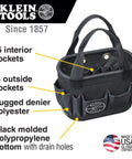 Hard-Body Oval Tool Bucket With Drain Holes And 29 Pockets, Pro Grade Rugged Denier Polyester Organizer For Pros, Black Polypropylene Bottom
