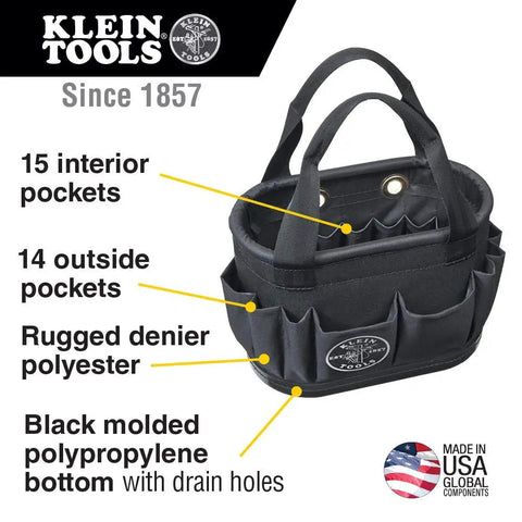 Hard-Body Oval Tool Bucket With Drain Holes And 29 Pockets, Pro Grade Rugged Denier Polyester Organizer For Pros, Black Polypropylene Bottom