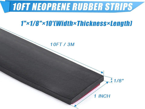 10ft neoprene rubber strips showing dimensions 1 inch wide, 1/8 inch thick, highlighting adhesive backing on black flexible material.