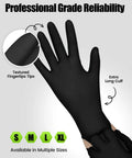 Medium black nitrile disposable glove with textured fingertips and extra-long cuff