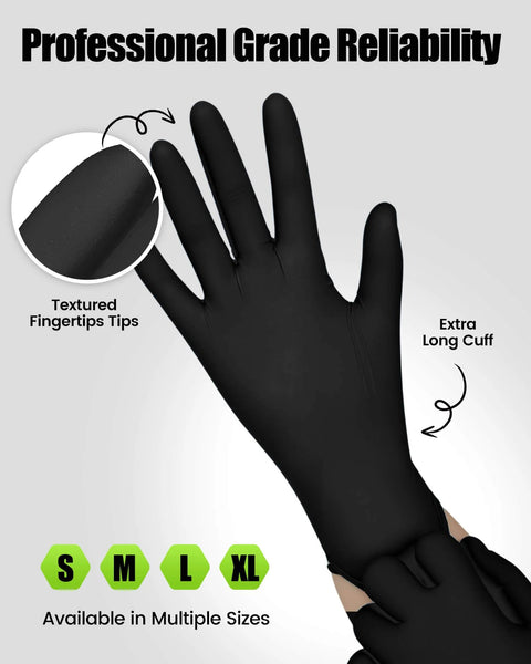 Medium black nitrile disposable glove with textured fingertips and extra-long cuff