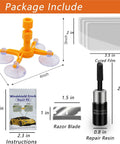Windshield Repair Kit With Glass Repair Fluid 4 Piece Set For Chips And Cracks Quick Fix No Hassle Star Shaped Cracks Car Glass Repair Equipment displayed with suction cup holder, cured film, instructions, razor blade, and repair resin bottle.