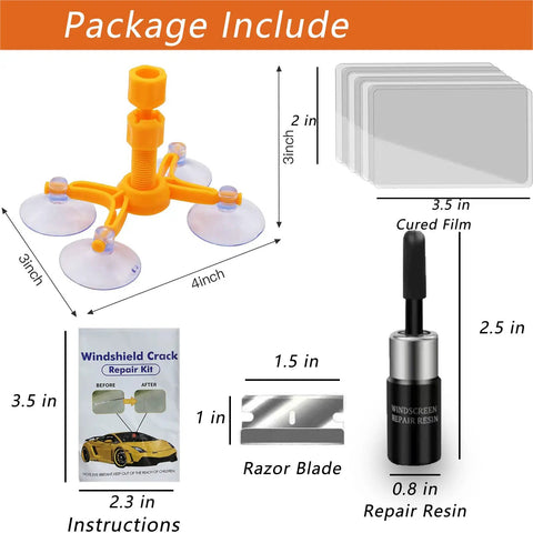 Windshield Repair Kit With Glass Repair Fluid 4 Piece Set For Chips And Cracks Quick Fix No Hassle Star Shaped Cracks Car Glass Repair Equipment displayed with suction cup holder, cured film, instructions, razor blade, and repair resin bottle.