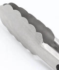 Close-up of 9-inch stainless steel kitchen tong tip from Two Pack 9 Inch And 12 Inch Stainless Steel Kitchen Tongs With Locking Mechanism Brushed Black Finish Ergonomic Grip For Grilling Sauteing And Serving