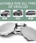 Heavy Duty Silver Wheel Center Caps Four Pack for Cars Trucks Suv Sedan, showcasing durable ABS and steel caps suitable for all vehicle types.