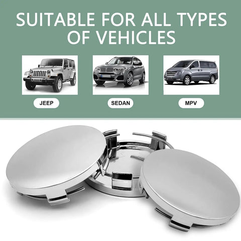 Heavy Duty Silver Wheel Center Caps Four Pack for Cars Trucks Suv Sedan, showcasing durable ABS and steel caps suitable for all vehicle types.