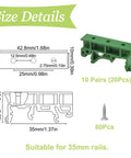 Size details of Durable Plastic DIN Rail Mounting Adapter Kit 10 Sets For 35mm Rails with screws and mounting bracket shown.