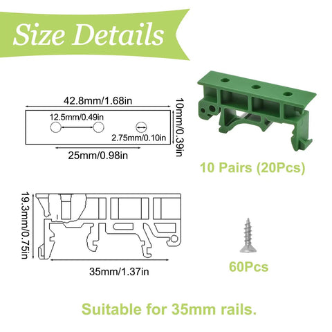 Size details of Durable Plastic DIN Rail Mounting Adapter Kit 10 Sets For 35mm Rails with screws and mounting bracket shown.