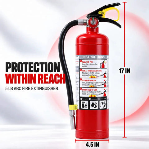 Tough As Nails ABC Dry Chemical Fire Extinguisher 4 Pack Rated 3A 40BC, 5 lb unit, 17 inches tall, safety instructions visible.