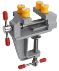 Rock Steady Mini Bench Vise Snags Loose Pieces For Jewelry Woodcarving And Watch Repair Ace Portable Table Vice side view with yellow and red knobs.