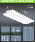 Premium Led Linear High Bay Light Packing Kickin Sixty Thousand Lumens dimensions and included accessories for installation.