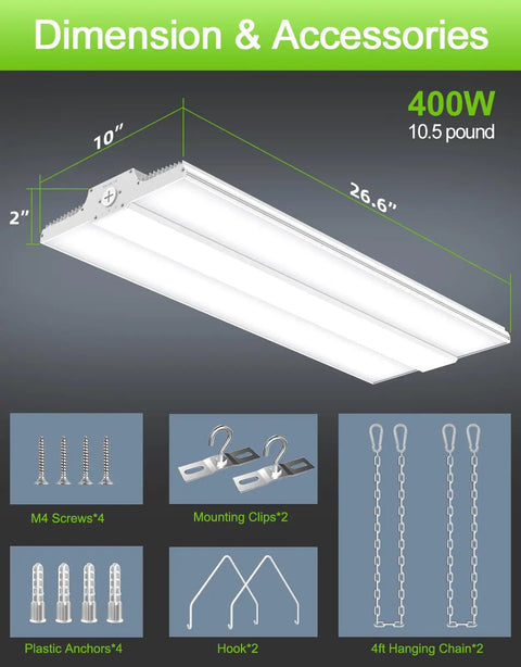 Premium Led Linear High Bay Light Packing Kickin Sixty Thousand Lumens dimensions and included accessories for installation.