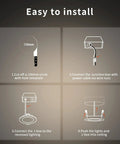 Installation guide for WiFi RGBCW Recessed Lighting Kit 6 Pack, 6 Inch Downlights, showing four setup steps.