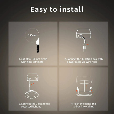 Installation guide for WiFi RGBCW Recessed Lighting Kit 6 Pack, 6 Inch Downlights, showing four setup steps.