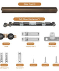Components of 72 Inch Pocket Door Hardware Kit With Soft Close on display, including tracks, wheels, and screws
