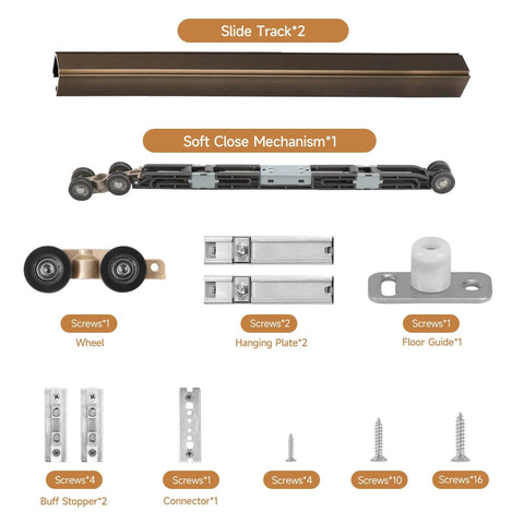 Components of 72 Inch Pocket Door Hardware Kit With Soft Close on display, including tracks, wheels, and screws