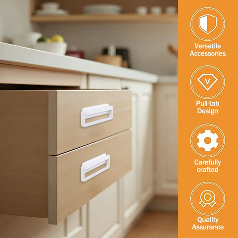 4 Pack Self Stick Cabinet Drawer Ring Pull Handles Plastic Quick Install No Drill Self Adhesive Pull Handles With Plate For Dresser Closet Cabinets And Glass Doors Smooth Low Profile Operation, white plastic on drawer
