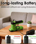 12V Cordless Hedge Trimmer And Grass Shear on table with charger showing charging and fully charged indicators, living room setting.