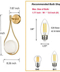 Lit Mid Century Modern Wall Sconces Set Of 2 With Globe Glass Shades In Antique Brass Finish, dimensions and bulb compatibility