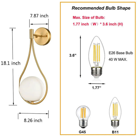 Lit Mid Century Modern Wall Sconces Set Of 2 With Globe Glass Shades In Antique Brass Finish, dimensions and bulb compatibility
