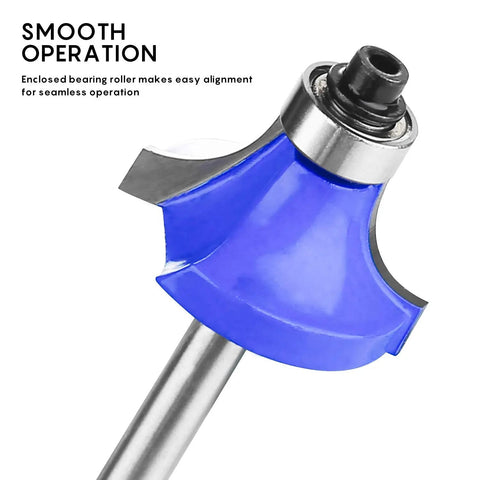 Close-up of a blue T-shape bit from a 24 Piece 1/4 Inch Shank Router Bit Set With T Shape Bits For Pros And Beginners Heavy Duty Steel Body Anti Kickback Safety Ideal For Woodworking Projects And Commercial Shops.