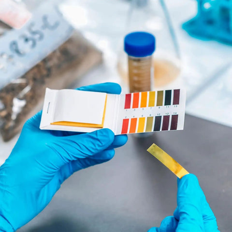 Person using All In One Soil And Water Test Paper Kit With 80 Strips Full Range 1 To 14 Color Cards Easy Dip Test for analysis.