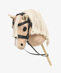 Hobby Horse Toy Competition Bridle in Black with Padded Leather Browband and Noseband, side view on plush toy horse head
