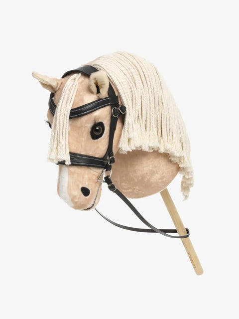 Hobby Horse Toy Competition Bridle in Black with Padded Leather Browband and Noseband, side view on plush toy horse head