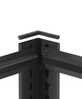 Close-up of the reinforced steel frame corner joint of the 72 Inch Tall 5 Tier Adjustable Heavy Duty Metal Mesh Shelving Rack.
