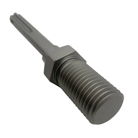 One And A Quarter Inch To Seven Male SDS Max Core Drill Adapter For Core Bits Rotary Mode Only Heat Treated Steel Industrial Grade High Strength Beefed Up Durability For Tough Jobs Core Drilling Accessory Compatible With SDS Max Bits, angled view showing threaded design and steel finish.