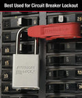 Top Shelf Hella Secure Red Circuit Breaker Lockout on toggle switch for safety, steel padlock visible in electrical panel.