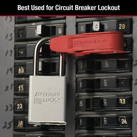 Top Shelf Hella Secure Red Circuit Breaker Lockout on toggle switch for safety, steel padlock visible in electrical panel.