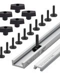32-Inch Table Saw Miter T Track Kit With T Bar, Five T Knobs And Ten 1/4-Inch 20 Bolts, aluminum track and components displayed