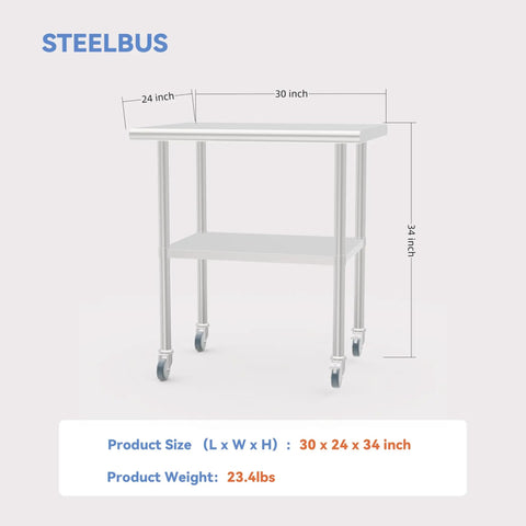 Stainless Steel Work Table With Undershelf And Casters, Flat Top Commercial Prep Table For Kitchen, Restaurant, And Garage, Heavy Duty, Scratch And Rust Resistant, Easy To Clean, NSF Certified, 30 Inch, front view.