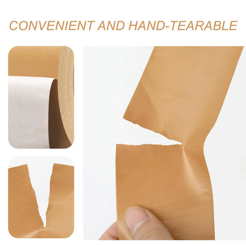 Workhorse Tan Duct Tape 2 Inch By 45 Yard Roll Waterproof Cloth Fabric Duct Tape For DIY Projects And Repairs Indoor Outdoor Use Strong Sticky Easy Tear Leaves No Residue Great For Pros And Hobbyists hand-tear close-up