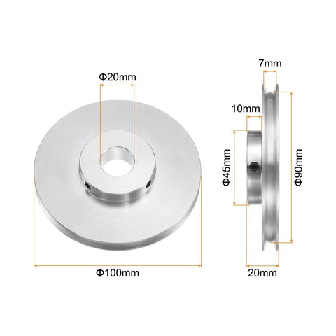 Heavy Duty V Type Single Groove Pulley 20mm Bore 100mm Outer Diameter Aluminum Alloy side and top view with measurements