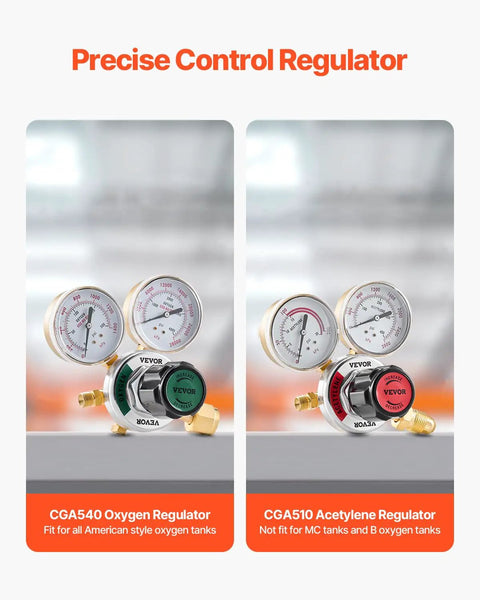 CGA540 and CGA510 regulators for Pro Grade Oxygen Acetylene Welding Torch Kit With 14 Piece Portable Brazing Set 177 Inch Twin Hose Cutting Nozzle