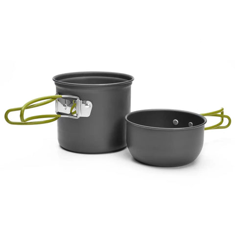 Backpacking Camping Cookware Kit With Mini Stove Aluminum Pots Stainless Steel Cup Nine Piece Utensil Set showing two pots