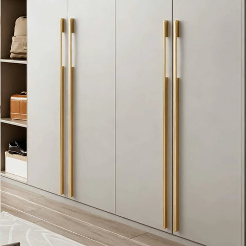 Five Pack Solid Brushed Gold Cabinet Handles For Kitchen Cabinets, Dressers And Furniture installed on white doors
