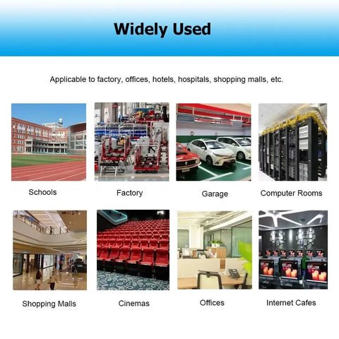Image depicting various usage scenarios for the 3.3 Ft Stainless Steel Cord Hider Cable Raceway Kit, including schools and offices.