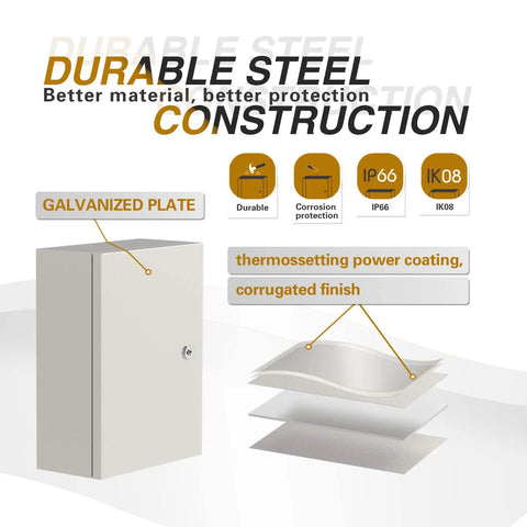 Rugged Steel Electrical Enclosure 20x16x10 Inch IP66 Waterproof Metal Box Wall Mount With Galvanized Plate Construction