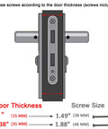 Diagram of screw sizes for Solid Brass Lever Door Handle Set For Screen And Storm Doors With Mortise Lock Only Left Hinged Outswing
