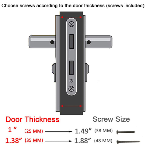 Diagram of screw sizes for Solid Brass Lever Door Handle Set For Screen And Storm Doors With Mortise Lock Only Left Hinged Outswing
