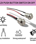 12mm Momentary Push Button Switch With High Head Waterproof Metal On Off Switch And Prewired Harness, 12V 24V 125V 250V IP65 Rated