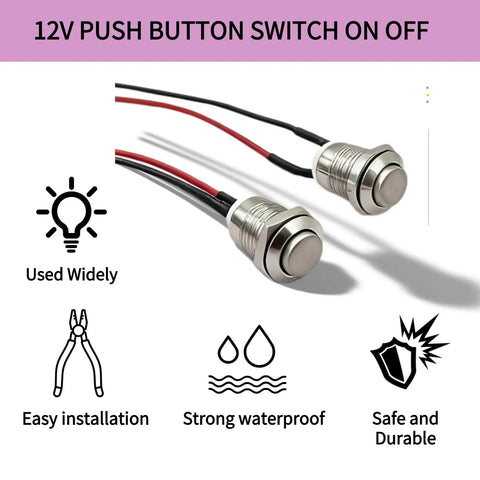 12mm Momentary Push Button Switch With High Head Waterproof Metal On Off Switch And Prewired Harness, 12V 24V 125V 250V IP65 Rated