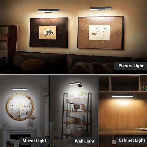 Two Pack Battery Powered Picture Light LED Wall Light illuminating artwork, mirror, shelf, and cabinet with remote dimmable control.
